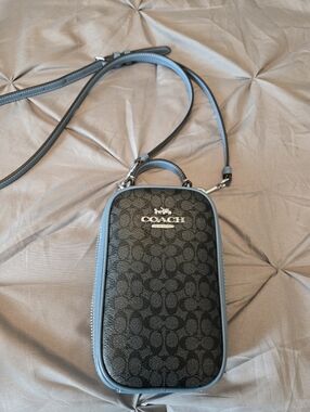 Coach Black Crossbody Phone Pouch with Blue Trim